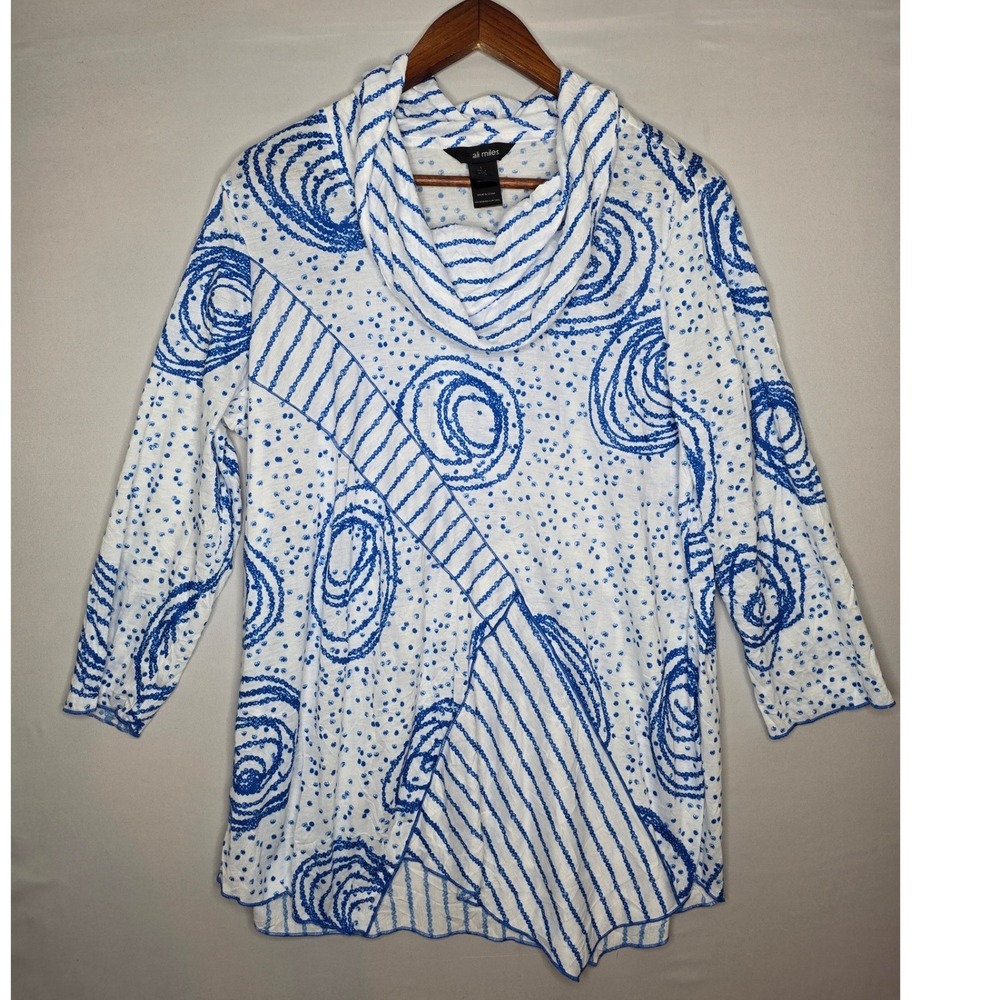 Ali Miles Tunic Top Womens Large Blue White Cowl Neck Abstract Print Art to Wear